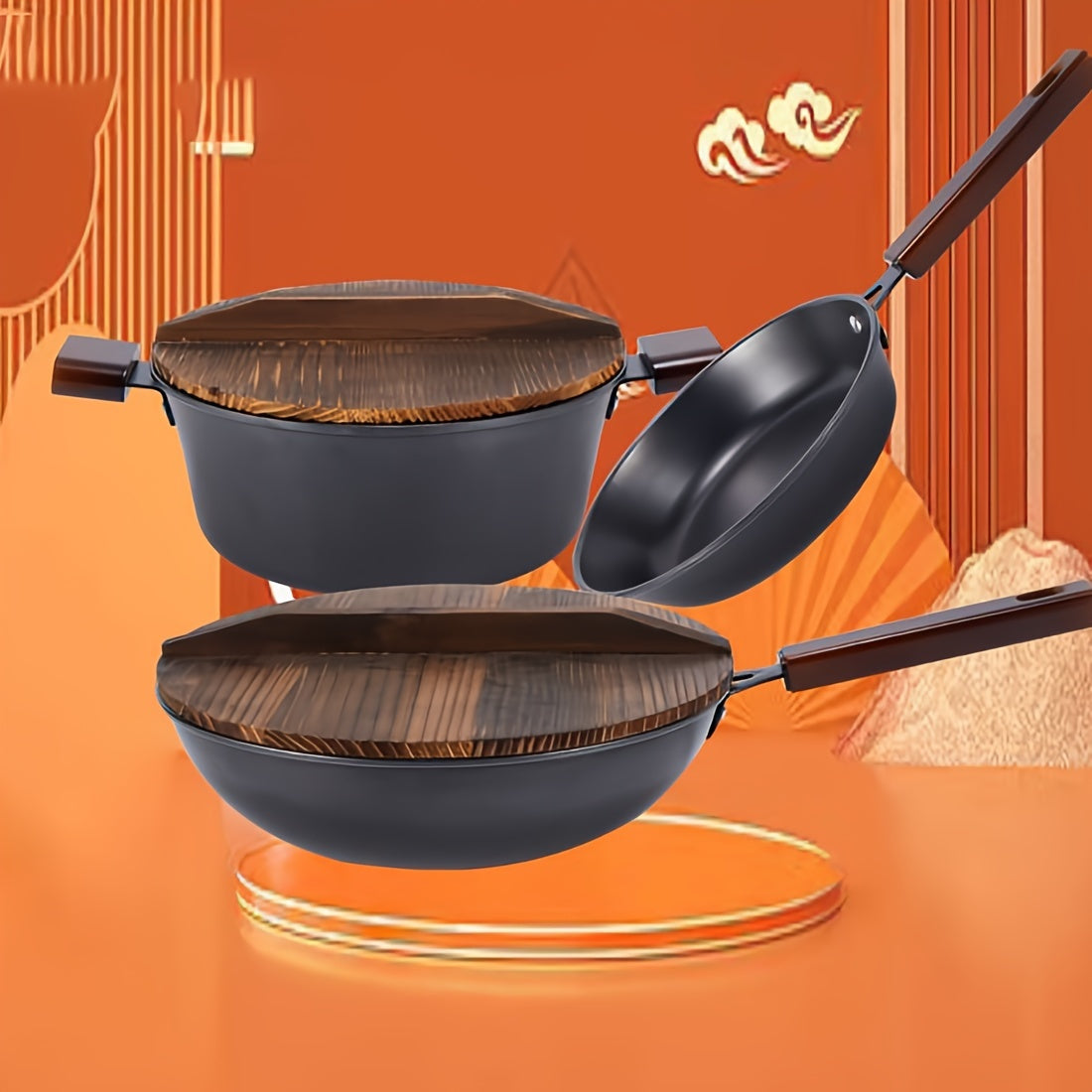 Vintage Kitchen Three-piece Set includes a 32cm Wok, 24cm Soup Pot, and 24cm Frying Pan. Set comes with 2 Charcoal Burning Wooden Covers, made from Original Cast Iron with Charcoal Burning Wooden Handles. Features Non-stick Layer Technology and an