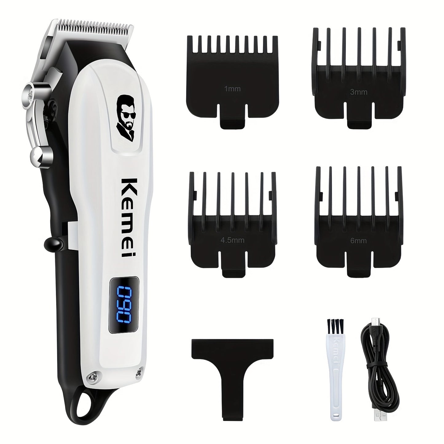 Kemei Electric Hair Clipper with LED LCD, Rechargeable, 6-inch Trimmer, Portable Carving Oil Clippers, Lithium Battery, Includes Limit Comb, for Home & Car Use