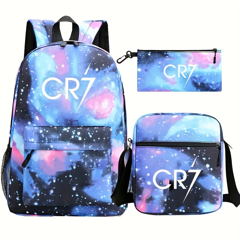 CR7 Star Print Polyester Backpack Set includes 3 pieces: backpack, crossbody bag, and pencil case. Casual style, durable, lightweight, with zipper closure. Hand washable. Made of durable