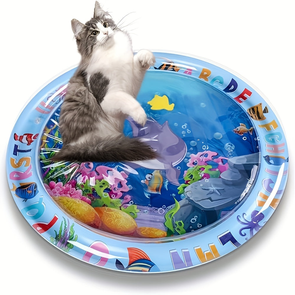 Interactive water-sensitive cat play mat with floating fish design, splash-proof PVC material. Ideal pet toy for indoor cats.