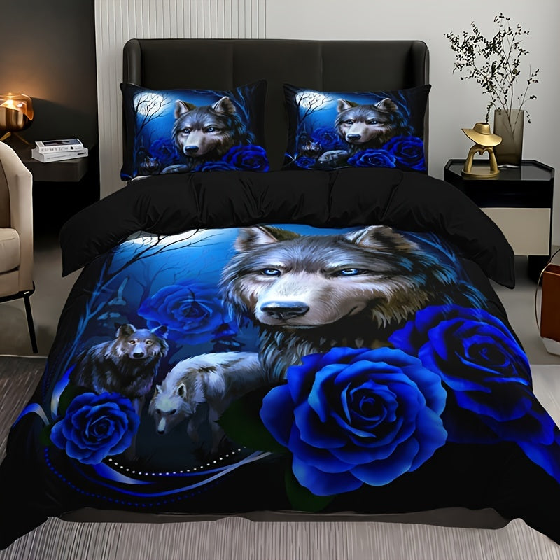 Fashionable 3-piece Duvet Cover Set featuring a striking Wolf Blue Rose Print design. This bedding set is made of soft, comfortable, and breathable material, perfect for adding style and comfort to your bedroom or guest room. Set includes 1 Duvet Cover