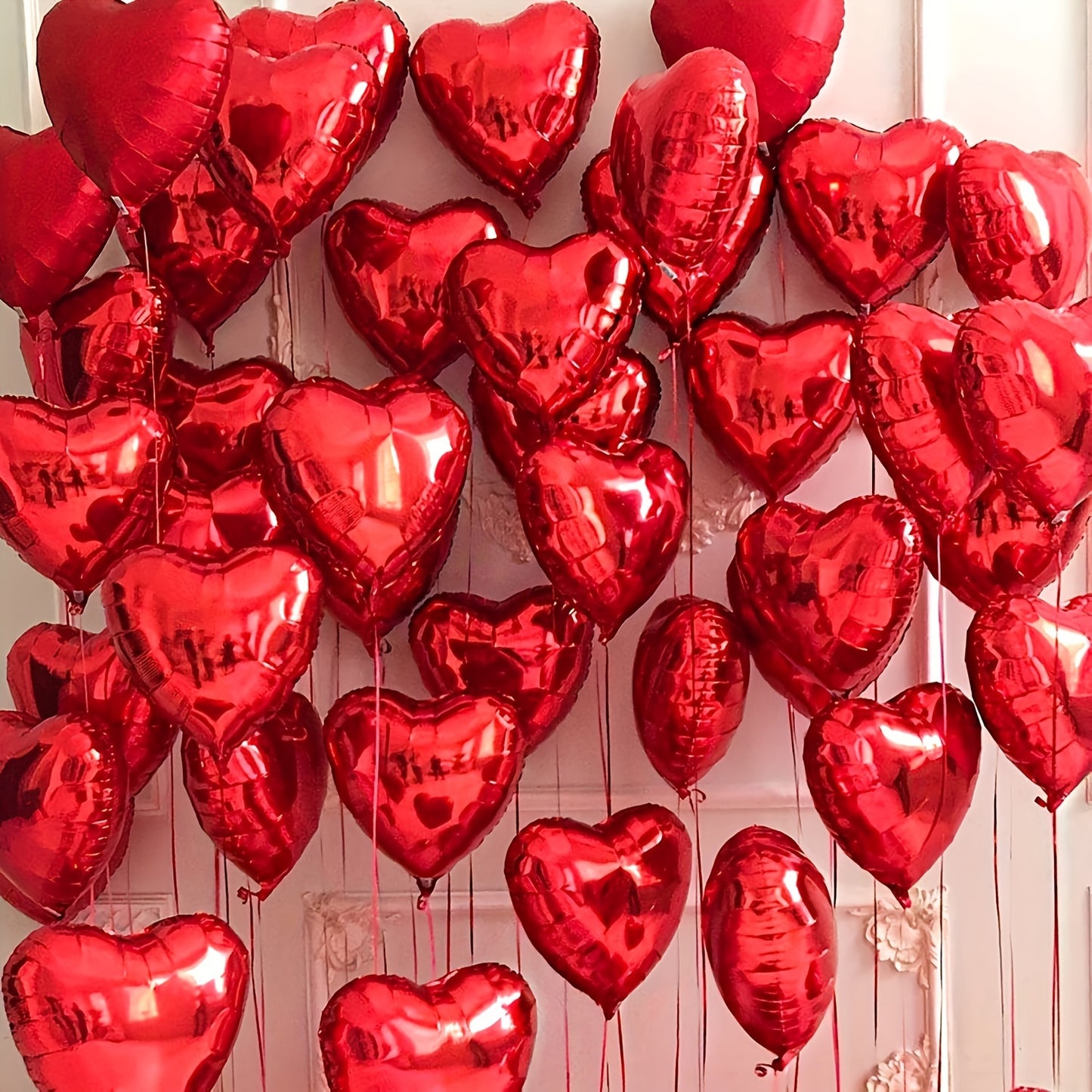 15 red heart pink silvery love aluminum balloons for various occasions like birthdays, weddings, engagements, Valentine's Day, bridal showers, carnivals, home decor, and parties.