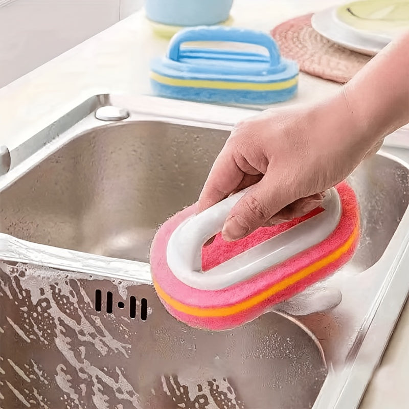 Introducing the Magic Sponge Cleaning Brush - A versatile manual scrubber perfect for kitchen, bathroom, living room, toilet, and car surfaces. This portable brush requires no electricity and comes with a convenient handle for easy use. Great for