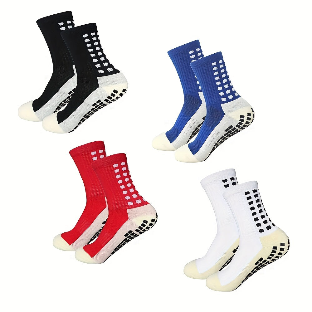 4 pairs of men's football socks made of knit polyester with terry bottom. Features include anti-smell, anti-slip, and wear-resistant properties. Machine washable and composed of 20% Spandex