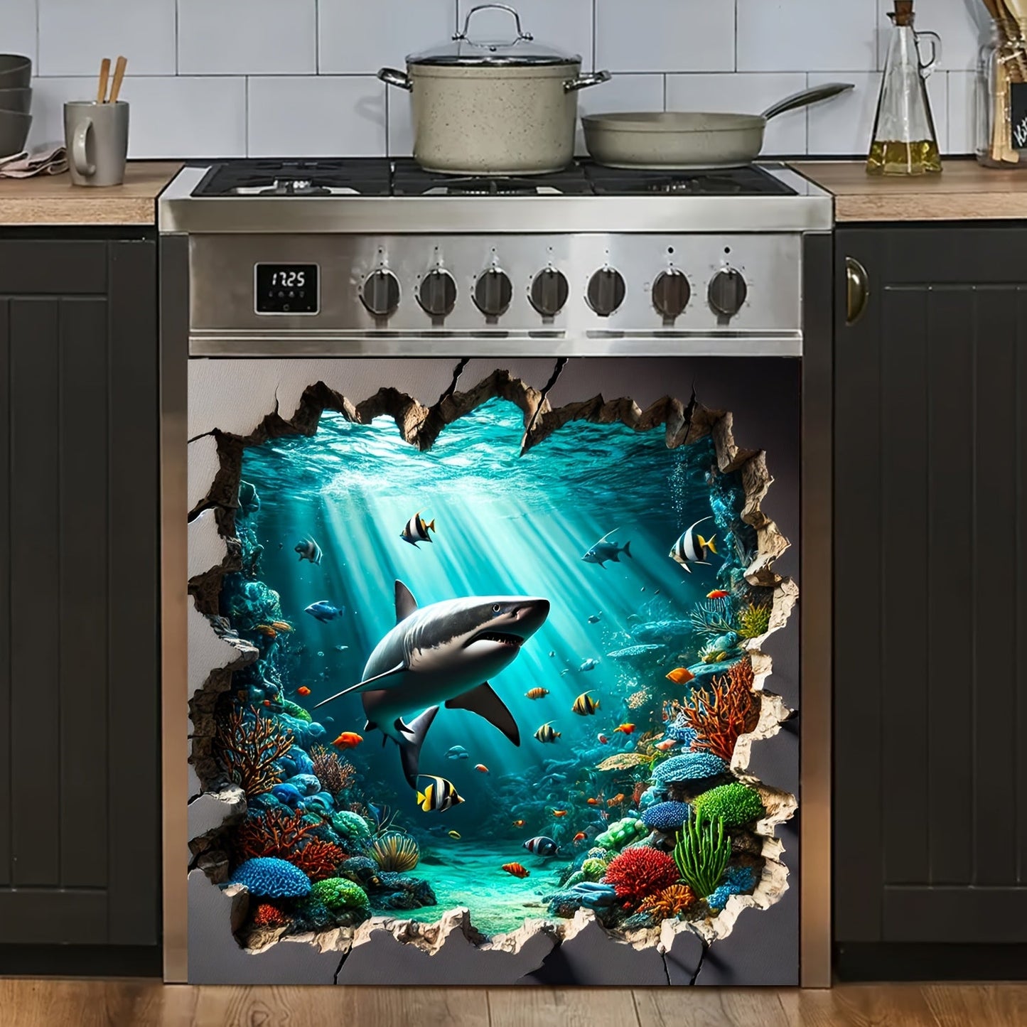 Vinyl Magnetic Dishwasher Cover featuring Underwater Shark Adventure - Waterproof, Heat Resistant, Easy to Clean. No Power Required. Portrait Orientation. Rectangular Sticker for Refrigerator Door Decoration in the Kitchen.