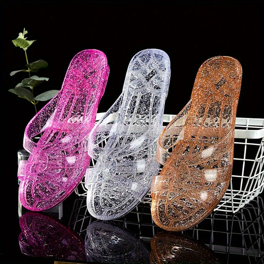 Women's Crystal Jelly Slides in Pink, Blue, & Brown with Sparkling Embellishments, Odor-Resistant, Easy to Clean, Suitable for Indoor/Outdoor Use.