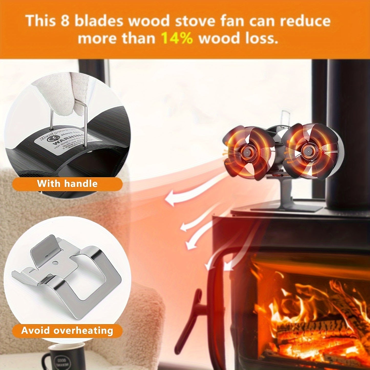 Wooden fan heater with a classic paint finish, operates on natural draft without the need for a power supply. Perfect for use with buddy heaters, wood stoves, particle log burners, and indoor black wall fans. Features double motors for efficient heating.