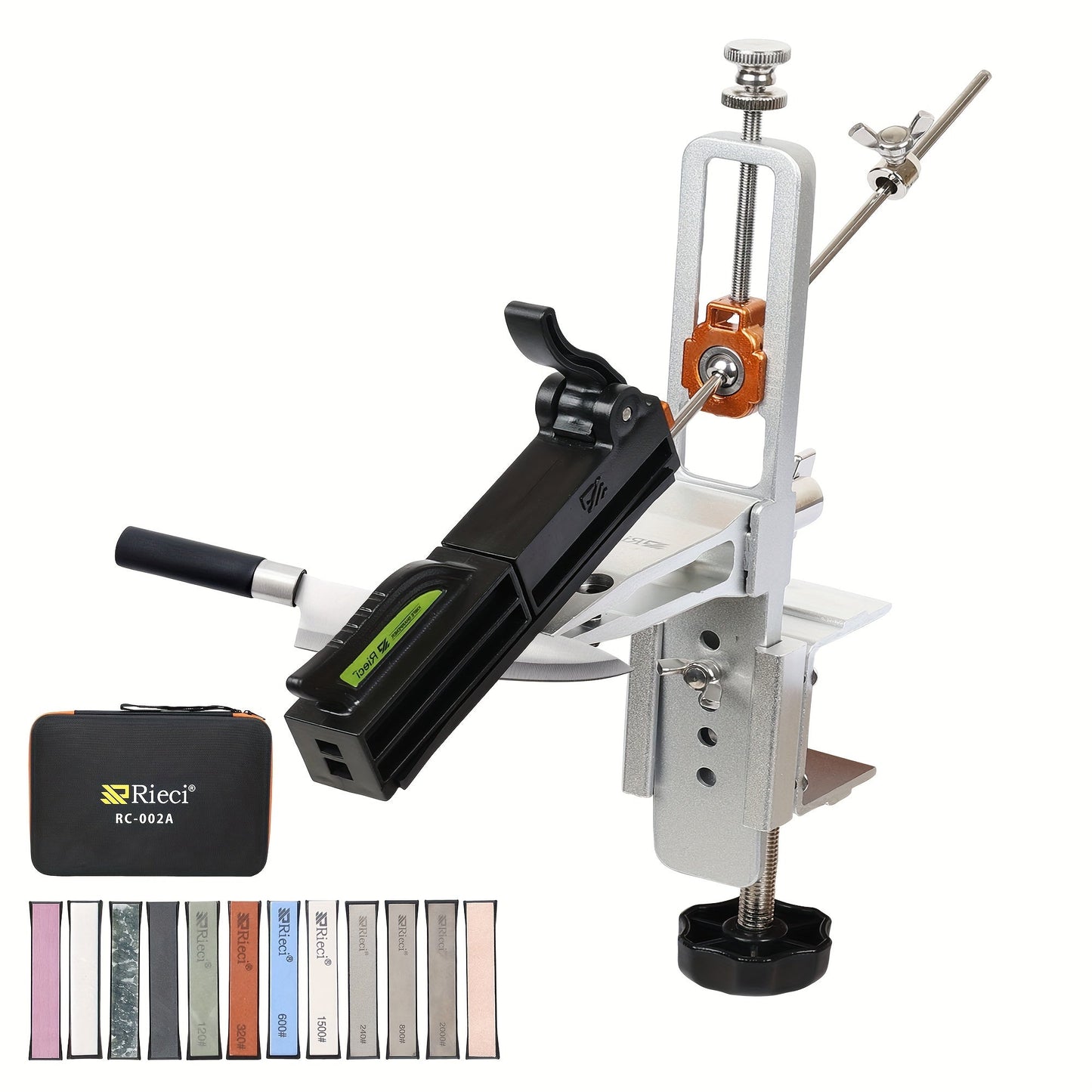 The RC-002A Professional Knife Sharpener System includes Whetstones, a Carry Case, and features a 360° Rotation Flip Design. It also includes a Fixed-Angle Stainless Steel Kitchen Chef Knife Sharpening Kit and Abrasive Holding System Tools.