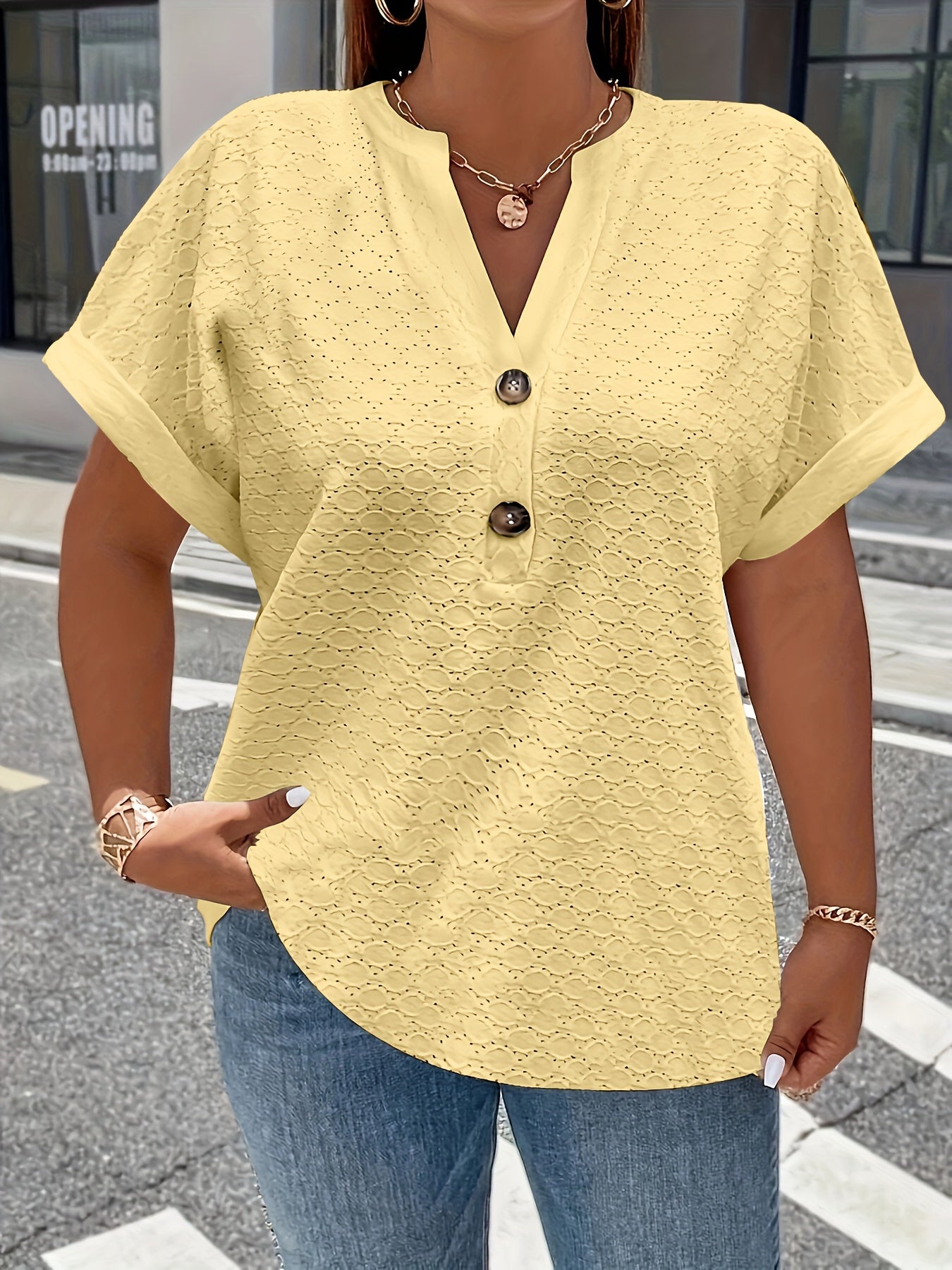 Eyelet solid V-neck t-shirt for spring & summer, women's plus size