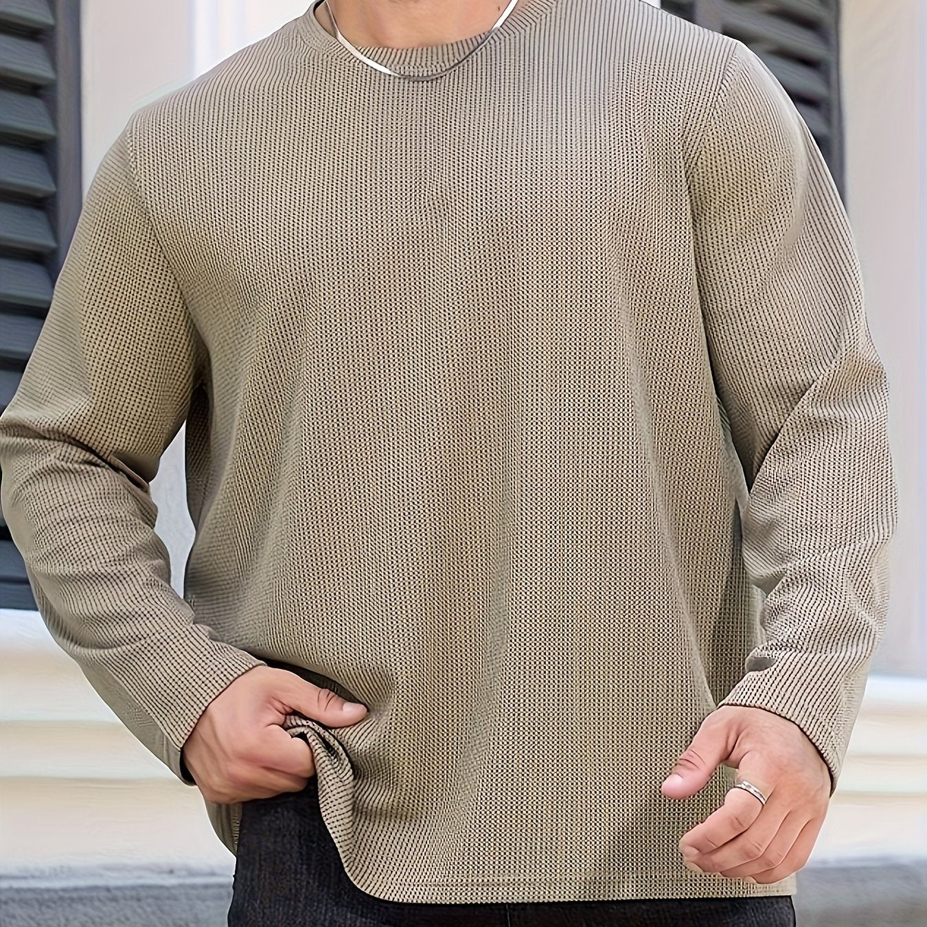 Men's Plus Size Dark Gray Long Sleeve Crewneck Top in Soft Polyester Knit, Warm & Comfortable for Fall and Winter, Machine Washable, Everyday Stylish Comfort Wear.