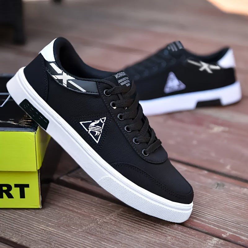 Men's black skate shoes with breathable canvas upper, non-slip sole, and versatile lace-up design for outdoor activities and casual wear.