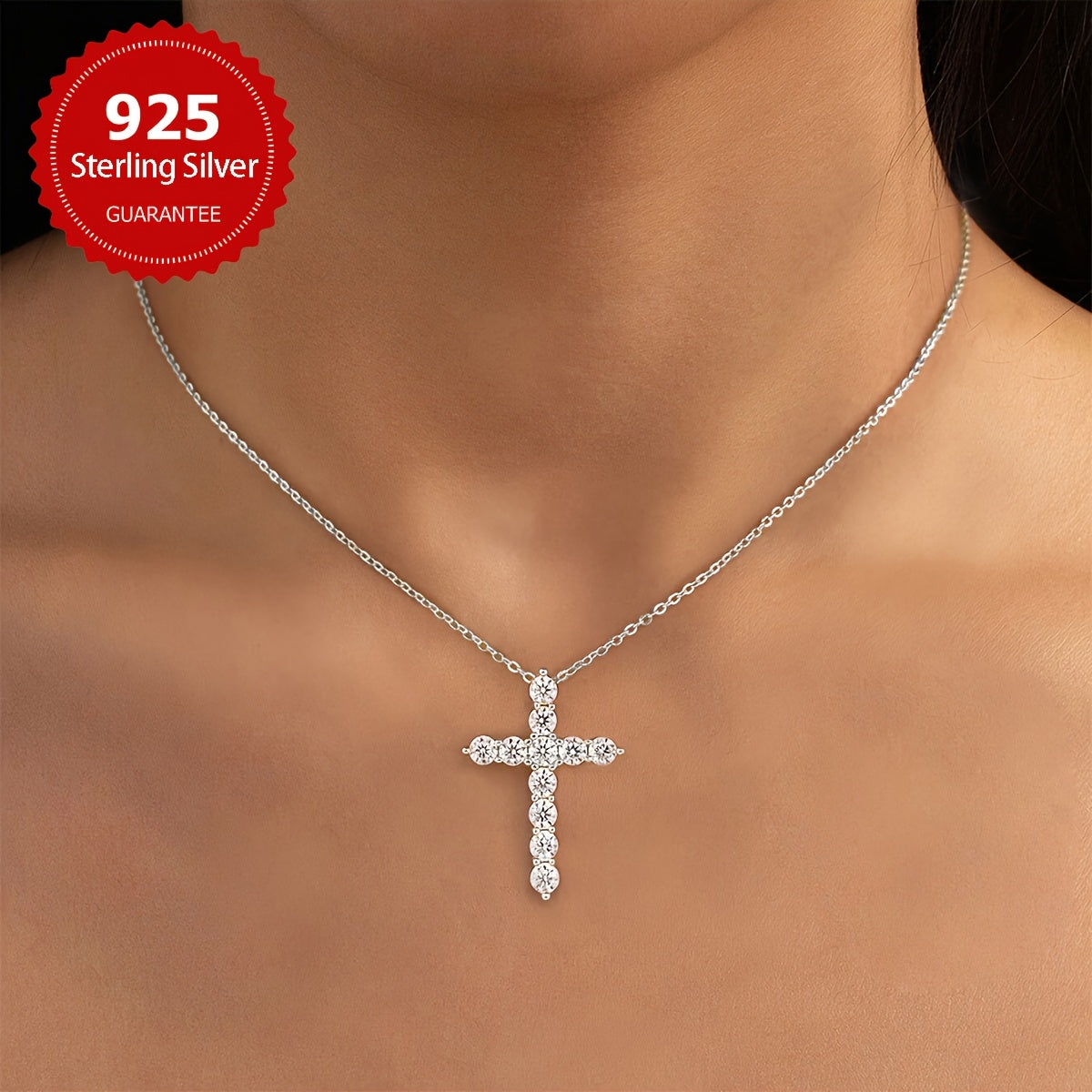 An exquisite Mozambique Diamond Cross Pendant Necklace, featuring a dazzling 1.1 carat diamond and 0.1ct * 11 Mozambique stones. Crafted from high-quality S925 Sterling Silver, this necklace weighs about 1.1 grams, making it a luxurious piece of jewelry