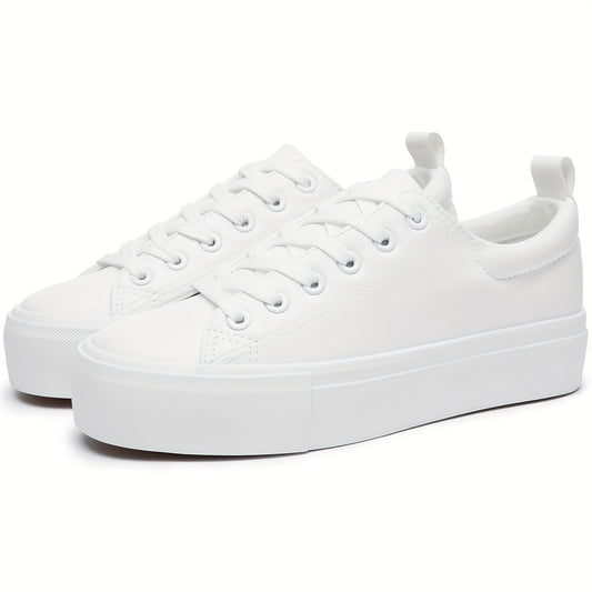 Exclusive North American Women's White Platform Sneakers - All-Season Lace-Up Trainers with Round Toe, Man-Made Upper, Fabric Inner, Non-Slip Rubber Sole, Comfort Fabric Insole