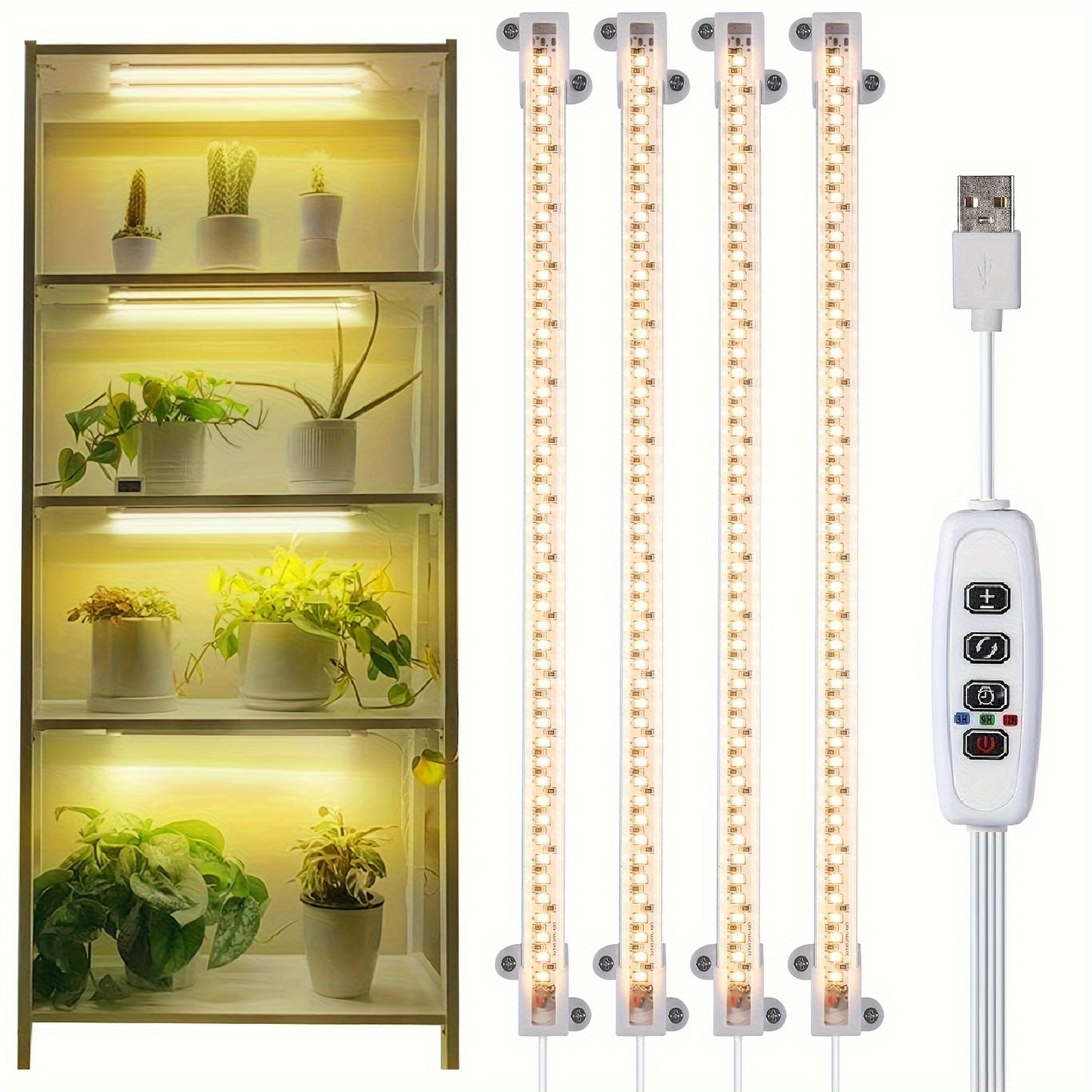 HOTU 124 plant grow lights are adjustable and USB powered, with automatic timer (3/9/12H) and dimmable settings for greenhouses and seedlings. Adapter not included.