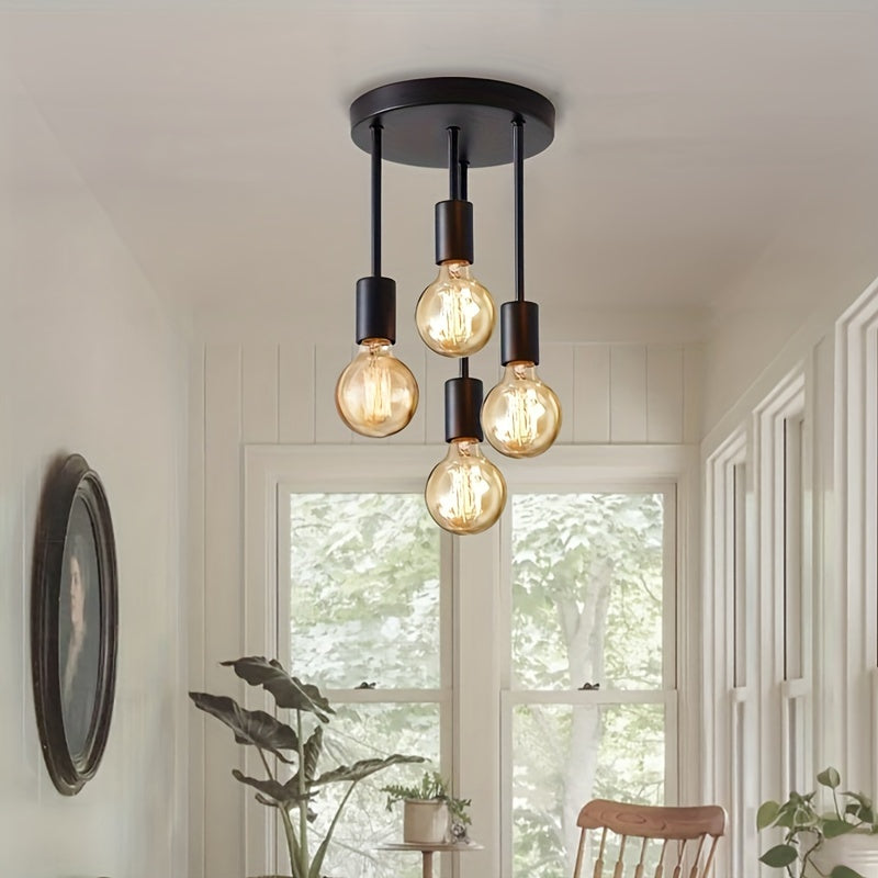 Black ceiling light pendant with 4 lamps in modern satellite design, suitable for E27 bulbs. Ideal for lighting in bedrooms, kitchens, living rooms, and corridors. Bulbs not included.