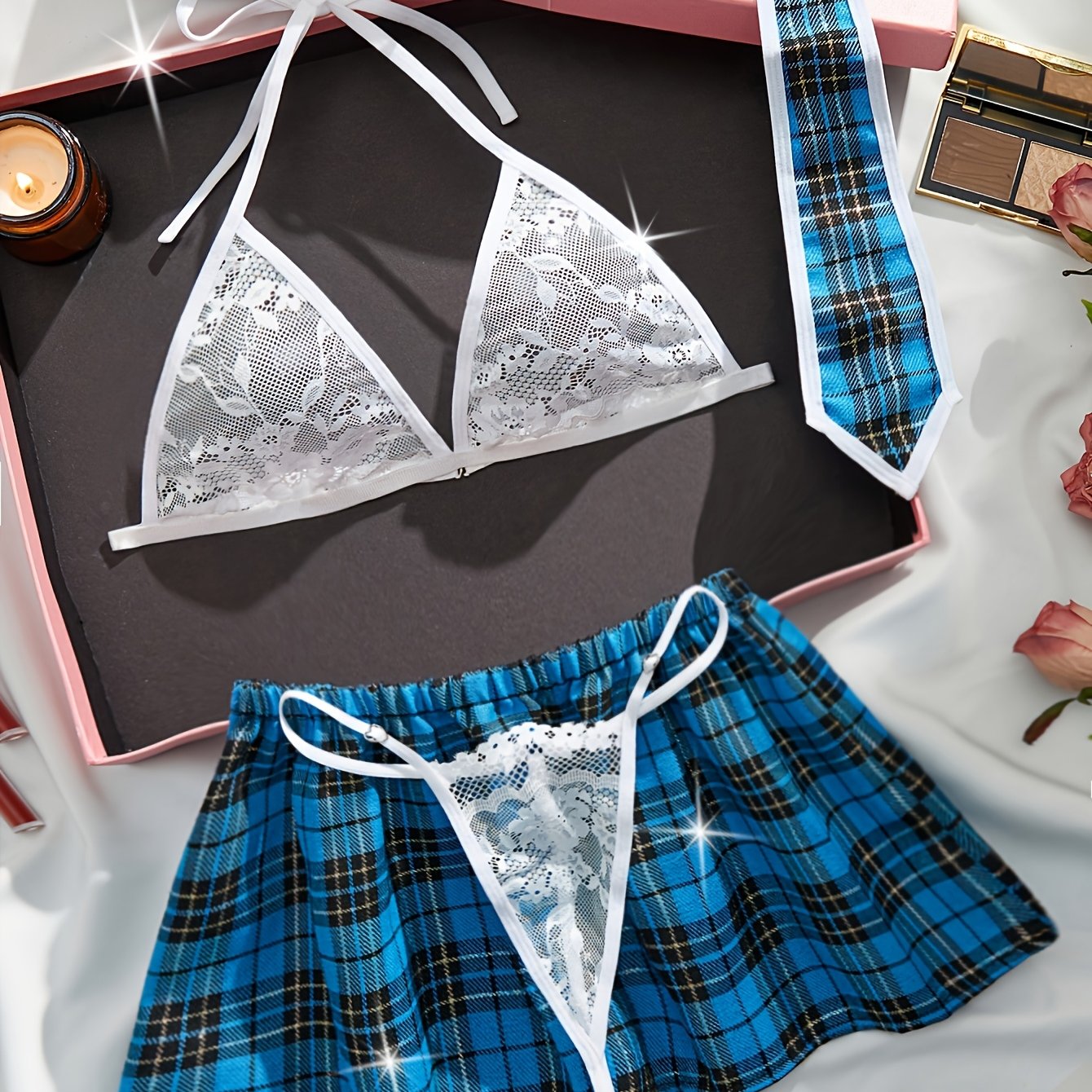 Four-piece preppy-style lingerie set made from polyamide (90%) and elastane (10%) knit fabric. Features medium support, color block design, red plaid thong and bra, women's cosplay uniform