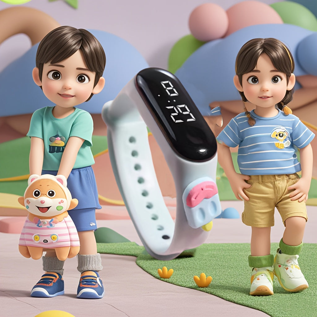 Cute cartoon LED sports watch for kids - silicone band, non-waterproof digital display.