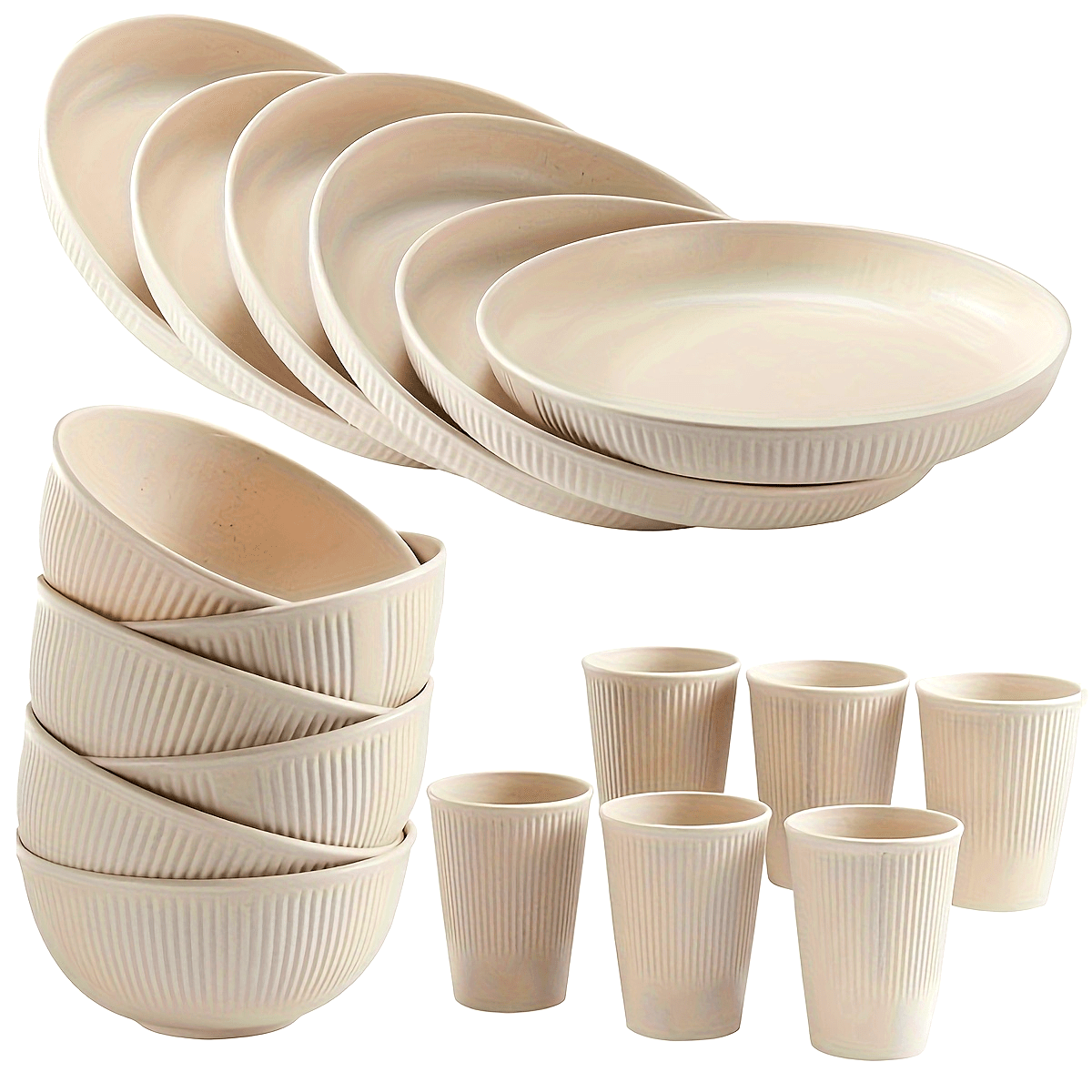 Durable 18-piece plastic dinnerware set with striped design. Dishwasher and microwave safe for kitchen, dorm, camping, RV, and picnic use.