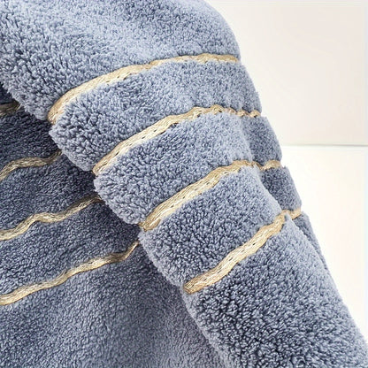 Three MidEnsi Microfiber Bath Towels with Quick-Dry Technology and Super Absorbency. Striped design in White, Blue-Gray, and Black. Ideal for Spa, Yoga, Fitness, and Bathroom. 70 x 140 cm.