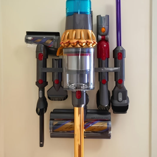 Wall-mounted vacuum cleaner head holder for Dyson V7, V8, V11, V12, V15 models. Saves space and organizes with utility hooks.