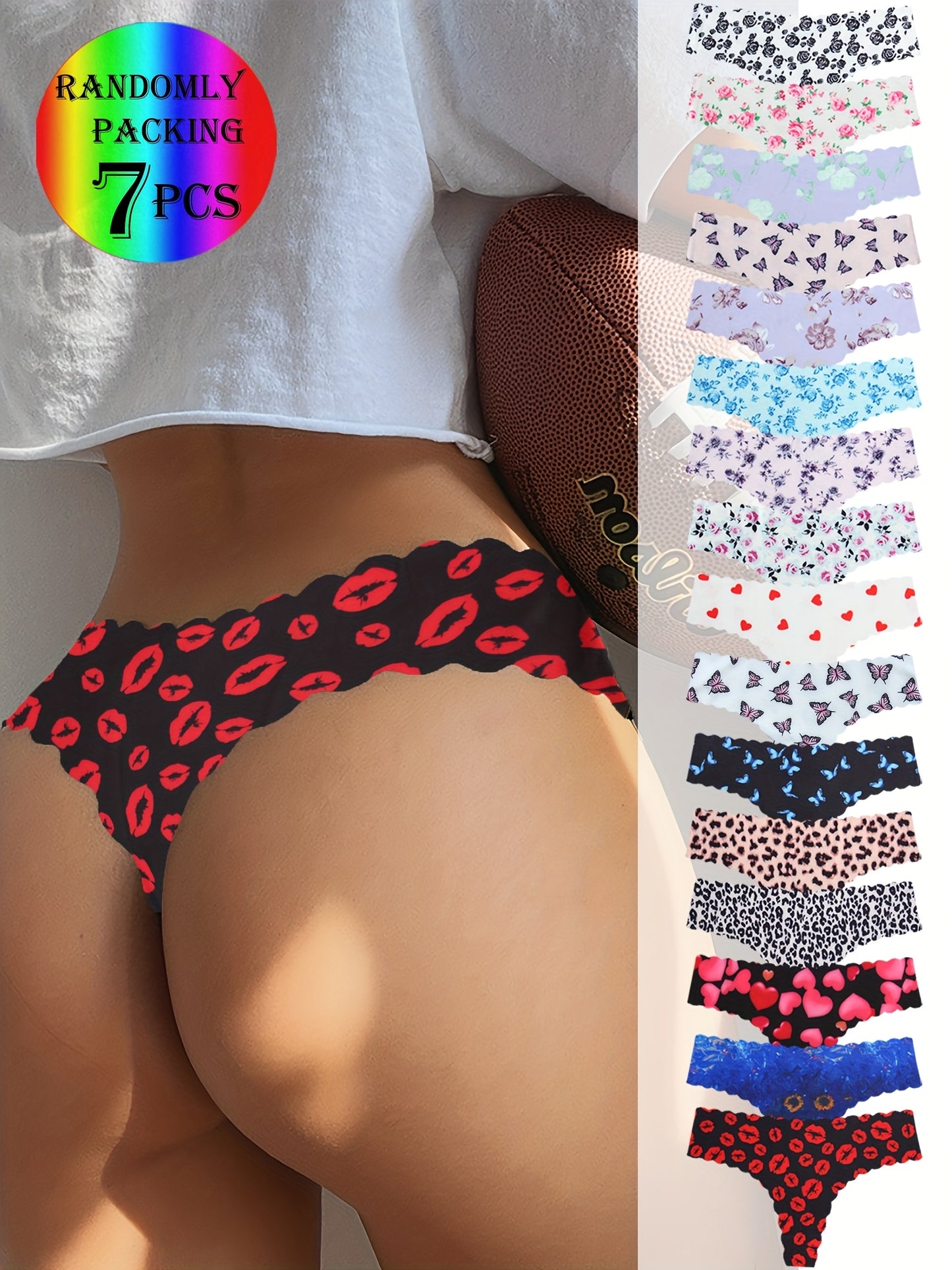 7pcs Printed Women's Seamless Panties in Cute Butterfly and Red Lips Patterns