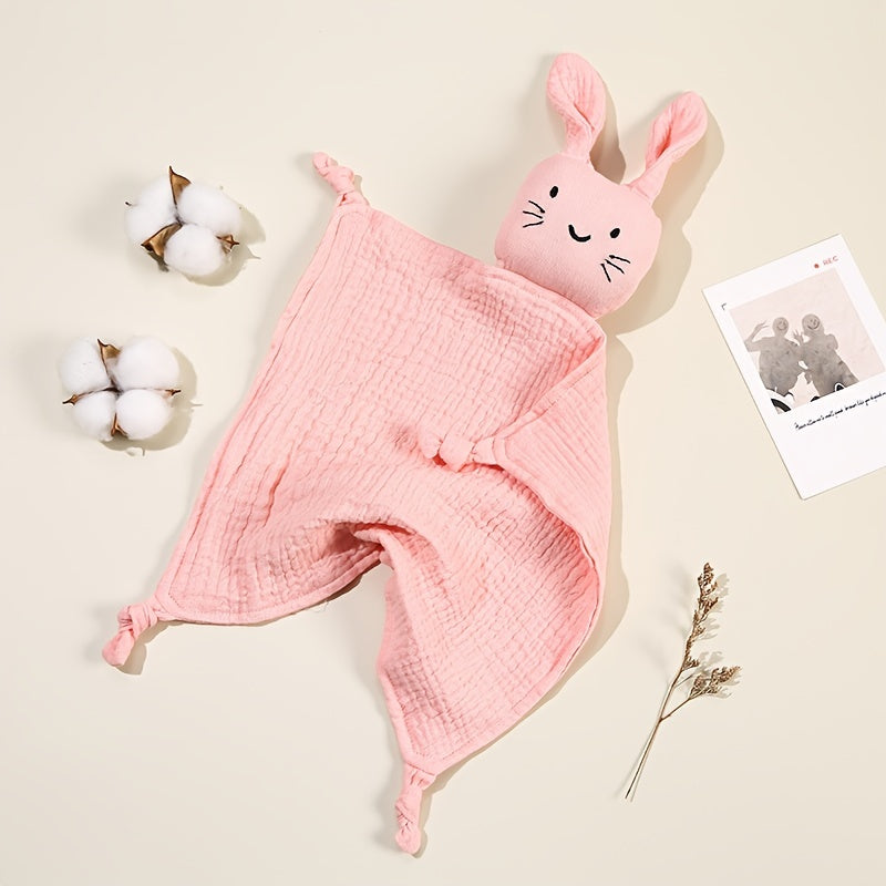 Muslin Blanket for Kids with Bunny Ear Teether - 29.97cm Square, Machine Washable, Solid Color Animal Companion made from Soft Gauze