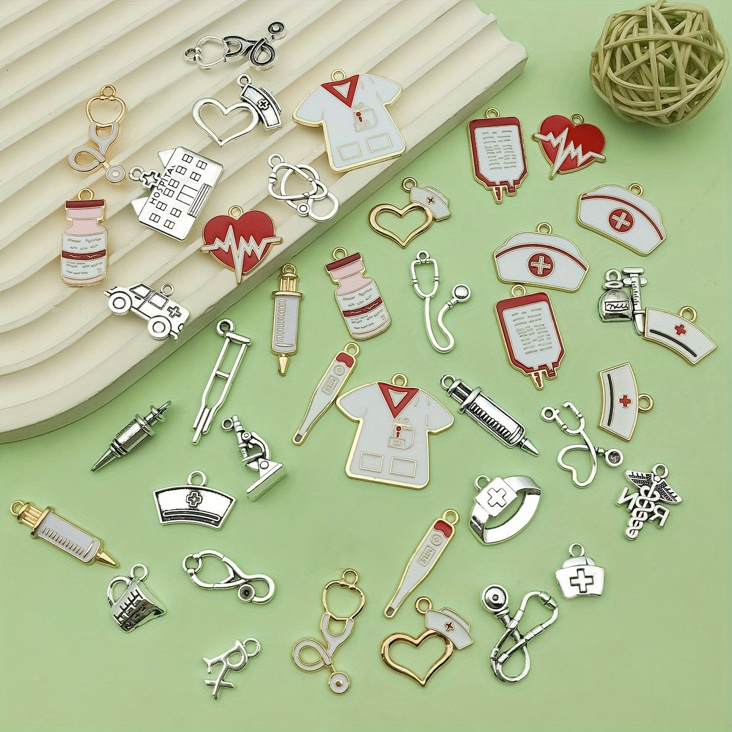 Set of 40 Nurse Charms Including Stethoscope, Syringe, Nurse Pins, and Hat Jewelry - Perfect for DIY Necklace and Bracelet Crafts with Alloy Enamel Medical Pendants - Trendy Fashion Accessories