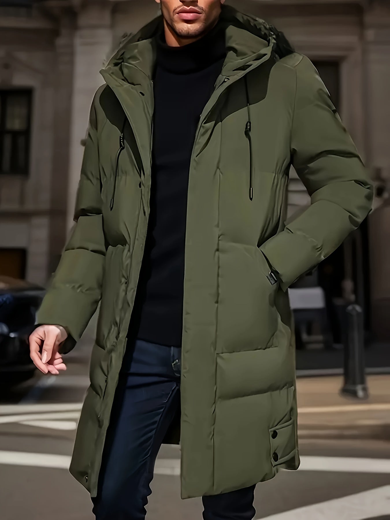 Men's casual hooded jacket made of 100% polyester with a solid color, regular fit, non-stretch fabric, zipper detail, and warm winter coat features.