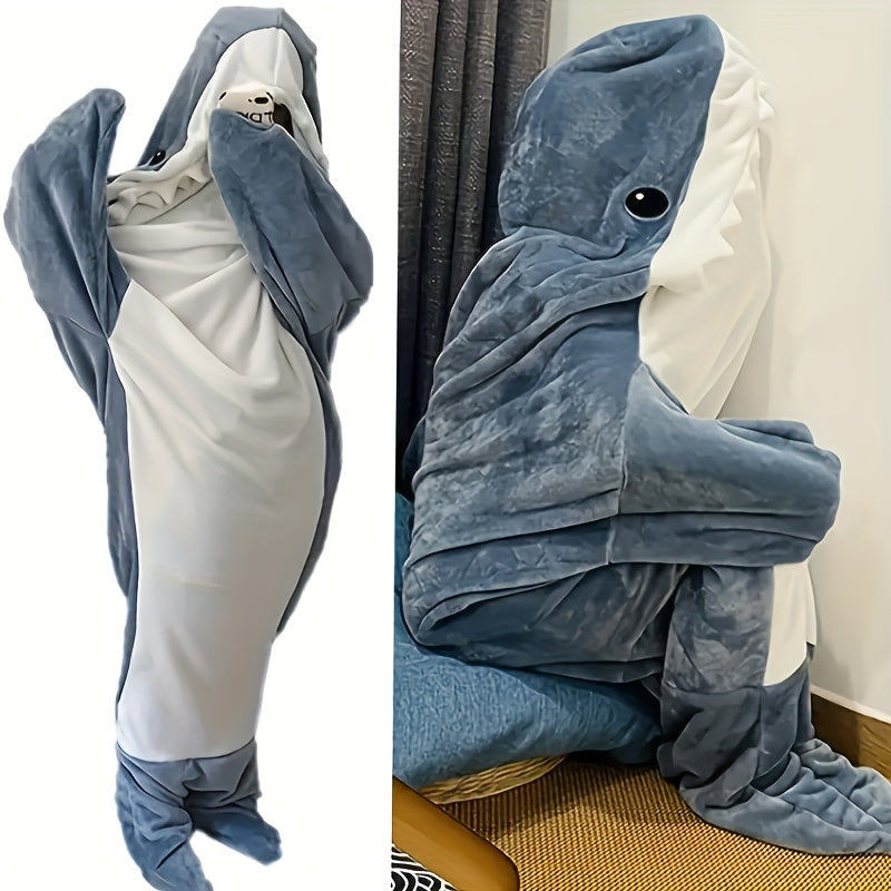 Gift for adults - Blue shark pattern hoodie blanket with a cute and interesting cartoon animal design. Made from cozy flannel, this wearable blanket is perfect for lounging on the sofa, bed, or even camping in the car.