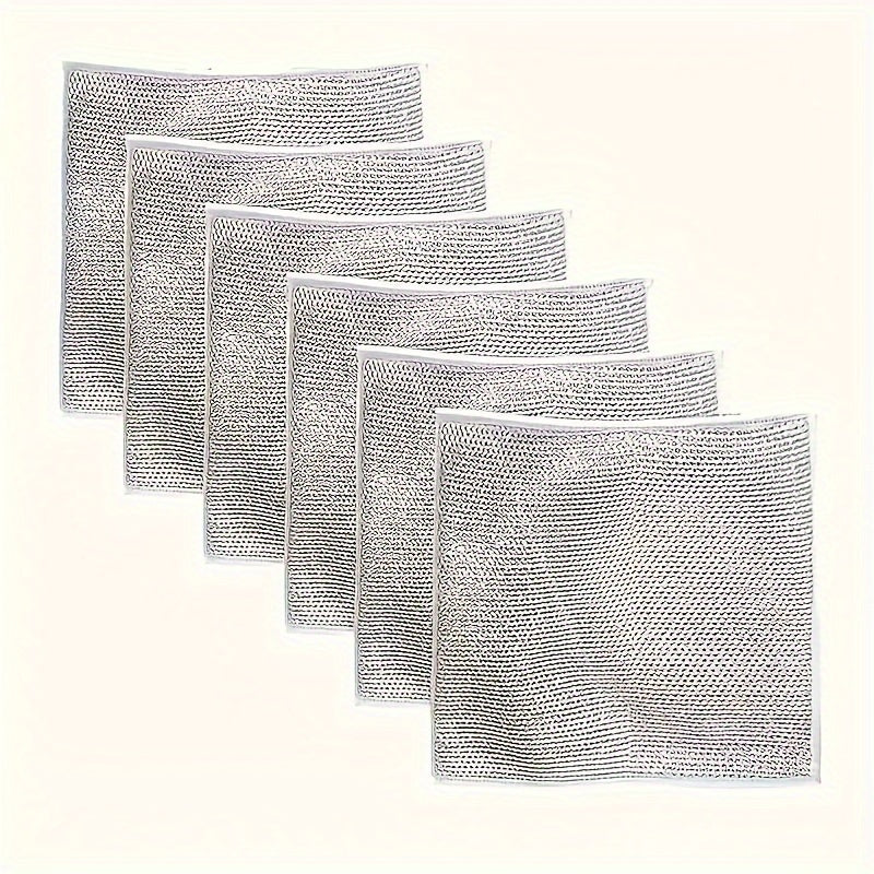 Introducing our versatile miracle cleaning cloth, made of 6/10/12 pieces of steel wire. Perfect for washing dishes with dry or wet use. This cloth won't scratch your dishes and is easy to rinse and machine washable. 20 cm in size.