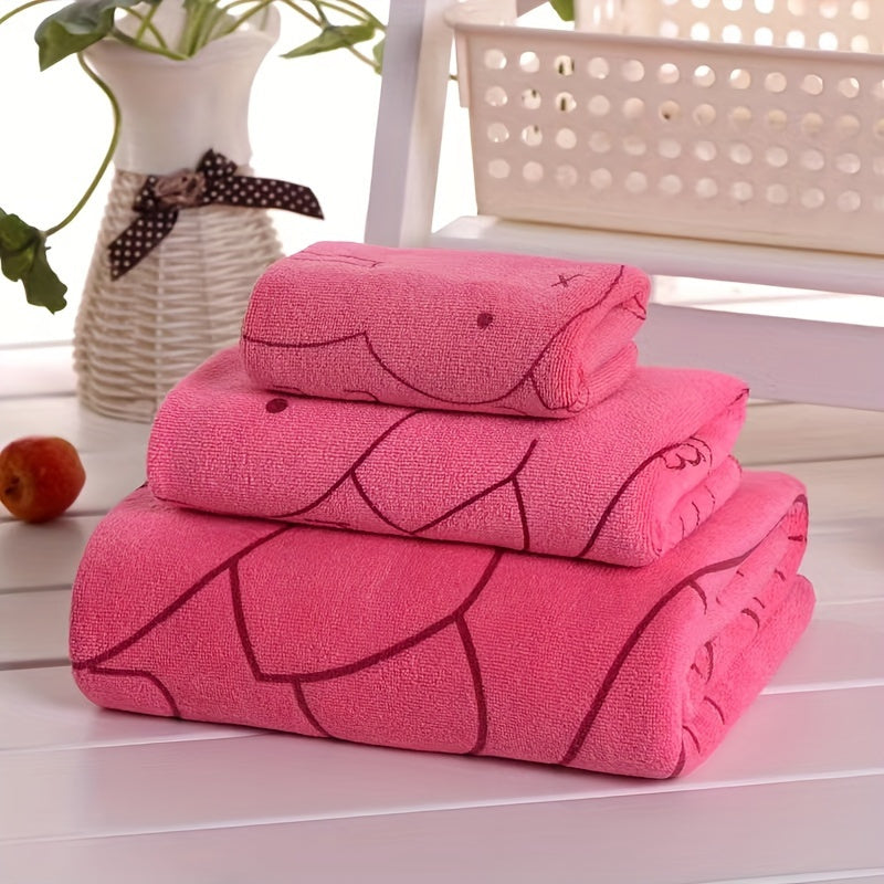 3-piece Cartoon Patterned Towel Set: Soft, absorbent, ultra-thin, and breathable. Featuring a contemporary style, 100 GSM knit fabric made of a polyester and nylon blend. Oblong shape