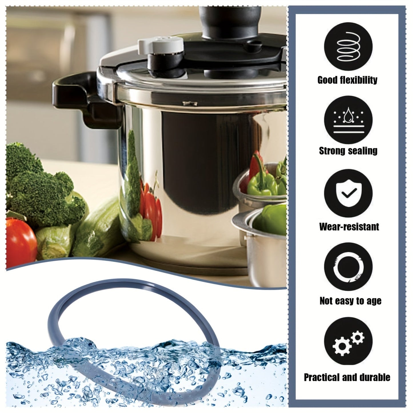 Two silicone sealing rings for pressure cookers, measuring 22cm. These replacement gaskets are made of non-toxic, food-grade silicone and are compatible with WMF Perfect & Silit Simomtic Quick Cook Pots.