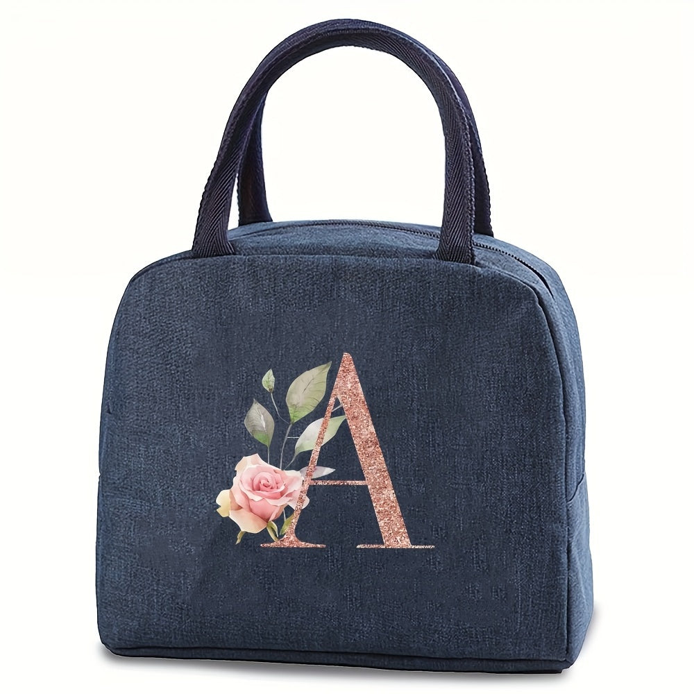 Insulated lunch bag with monogram, featuring a rose gold design. Made of waterproof, leakproof, BPA-free polyester material. Includes a square thermal food storage compartment with an ice compartment. Easily washable by hand. Perfect for school, office