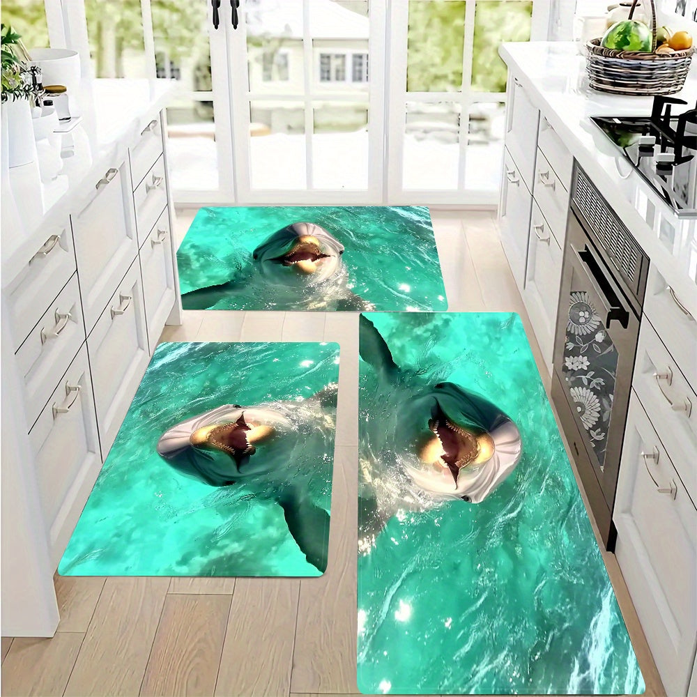 Dive into the ocean with the 1pc Vibrant Shark Ocean Scene Kitchen Mat! This non-slip and comfortable polyester standing mat is perfect for living rooms, bedrooms, gaming areas, bathrooms, and more. Machine washable for easy cleaning, this mat features a