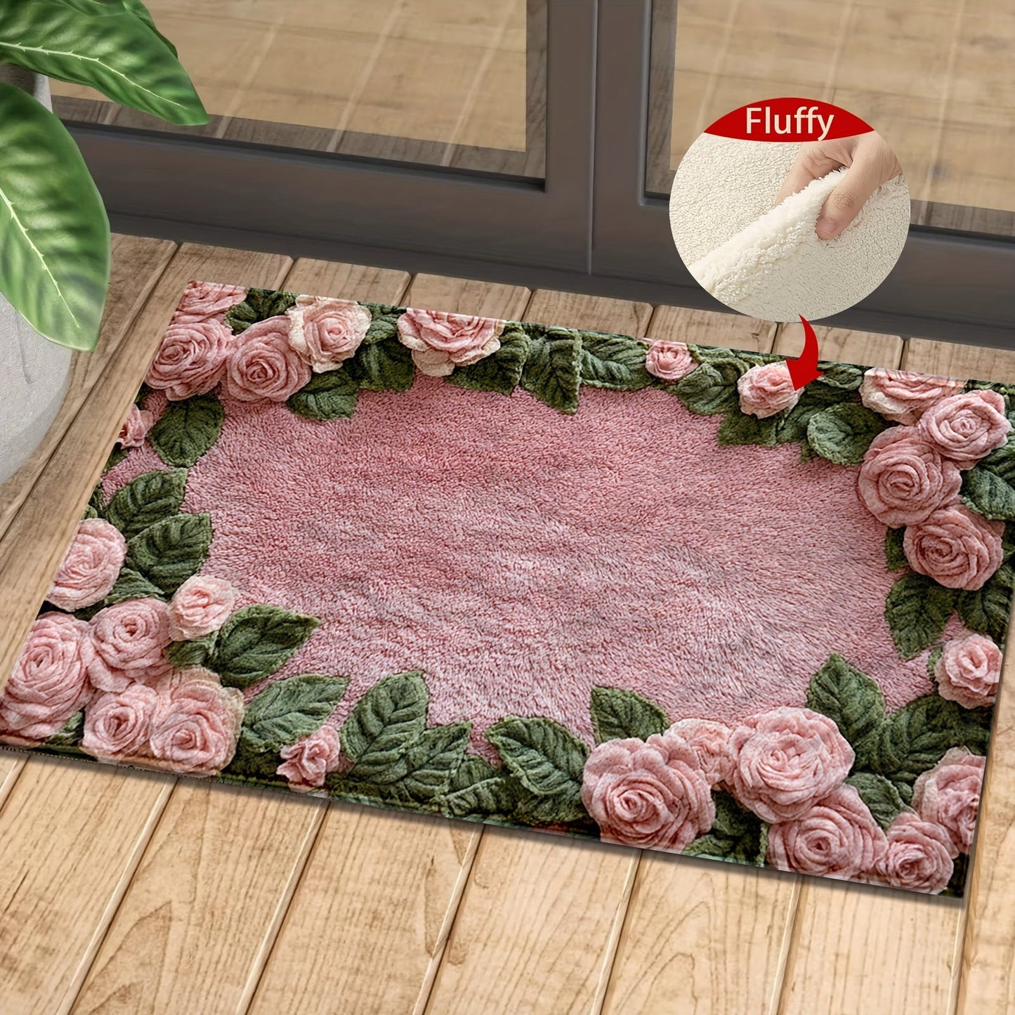 Stylish Pink Rose Non-Slip Bath Mat - Machine Washable, Low Profile with TPR Backing, Knitted Fabric for Bathroom, Bedroom, Kitchen & Entryway - Ideal for Winter Home Decor, Suitable for Outdoor Areas