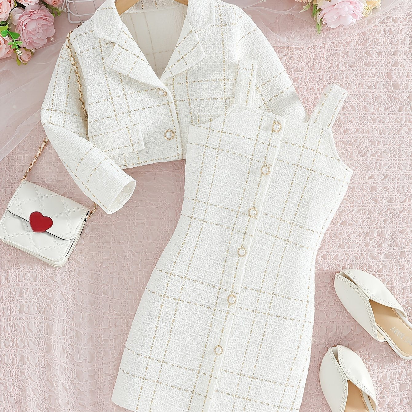 Girls' plaid two-piece set: collar jacket with pearl buttons and suspender dress. Suitable for fashion parties, travel, and formal occasions.