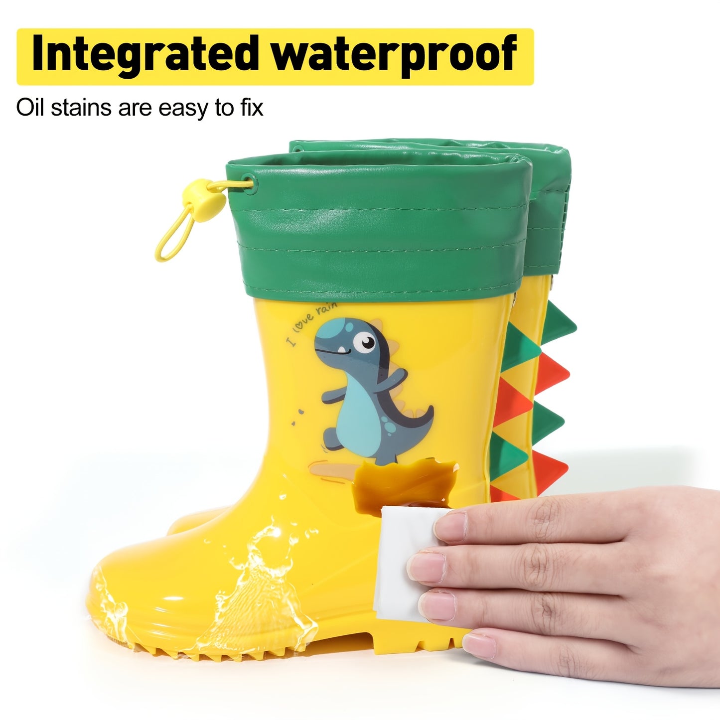 Child's dinosaur rain boots that are thermal detachable, non-slip, waterproof, comfortable, and suitable for all seasons.