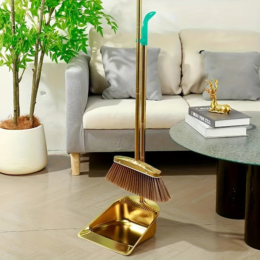 Elegant Gold Stainless Steel Broom and Dustpan Set - High Quality 2 Piece Set, Sturdy & Reinforced for Effective Home Cleaning - Ideal for Any Room in the House, Including Living Room, Bedroom, Bathroom, Kitchen, and Hardwood Floors.