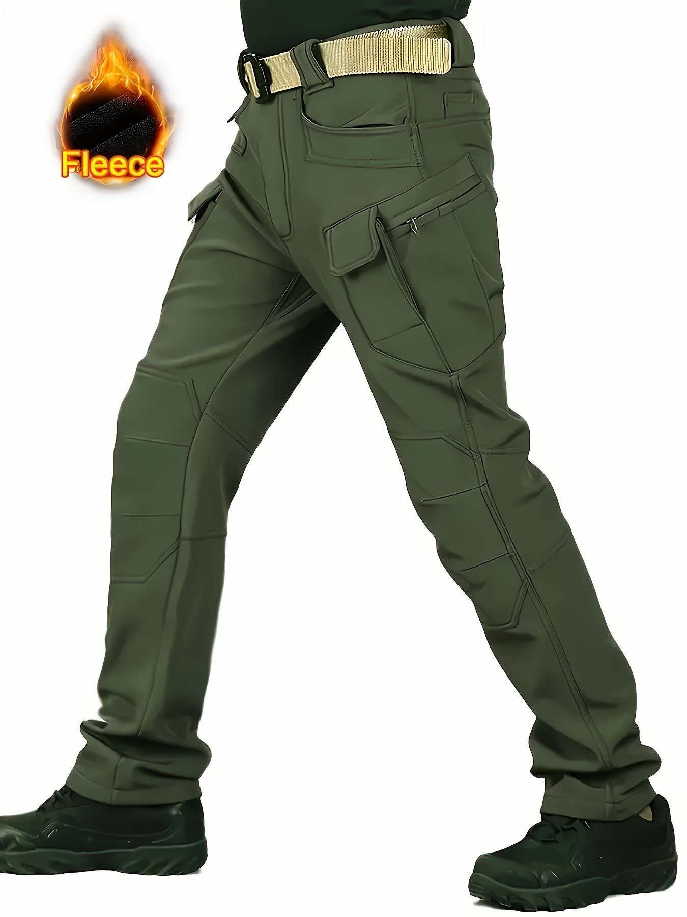 Men's fleece-lined tactical cargo pants with multiple pockets, windproof, soft shell, loose fit for autumn & winter. Olive green, polyester & spandex blend, machine washable.