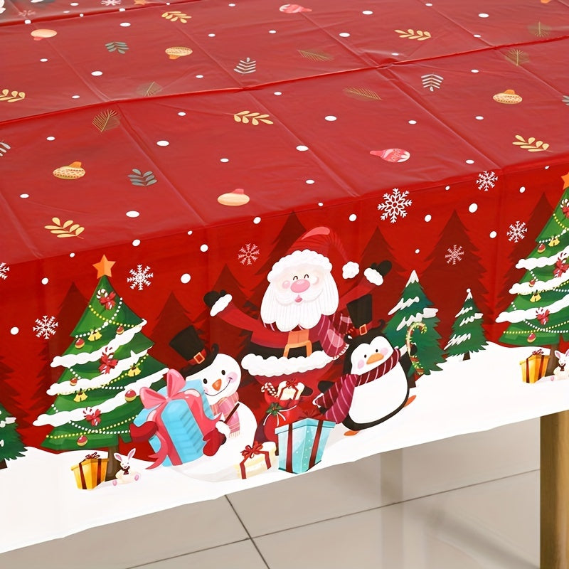 1 piece Christmas tablecloth featuring Santa, penguin, and snowflake design on red background. Made of smooth polyester, measuring 130x220cm. Ideal for parties, gifts, and home decor.