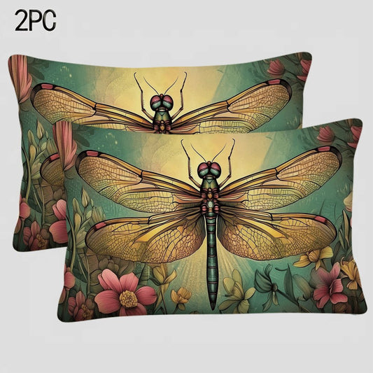 Vintage Dragonfly Flannel Pillow Covers, 2-Pack, 50.8x30.48 cm, Zipper Closure, Machine Washable, Decorative Cushion Cases for Sofa, Bed, Car - Square Design, All-Season Use, Suitable for Different Sleeping Positions, No Insert Included