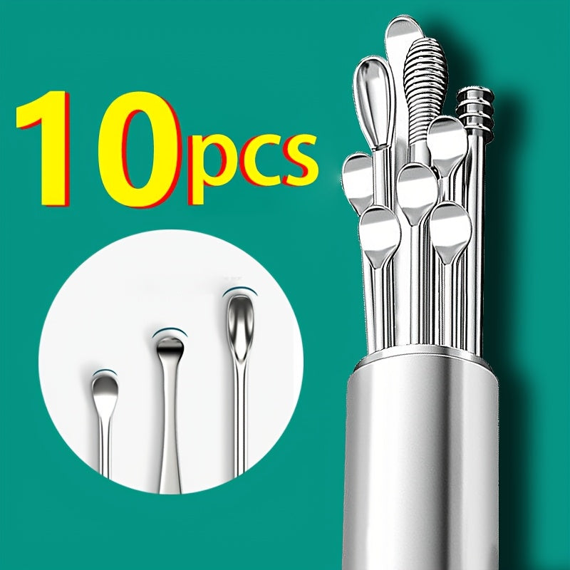 Durable stainless steel ear cleaning set with rotating cleaning stick and storage bag. Safe and convenient for home and travel use, makes a great holiday gift.