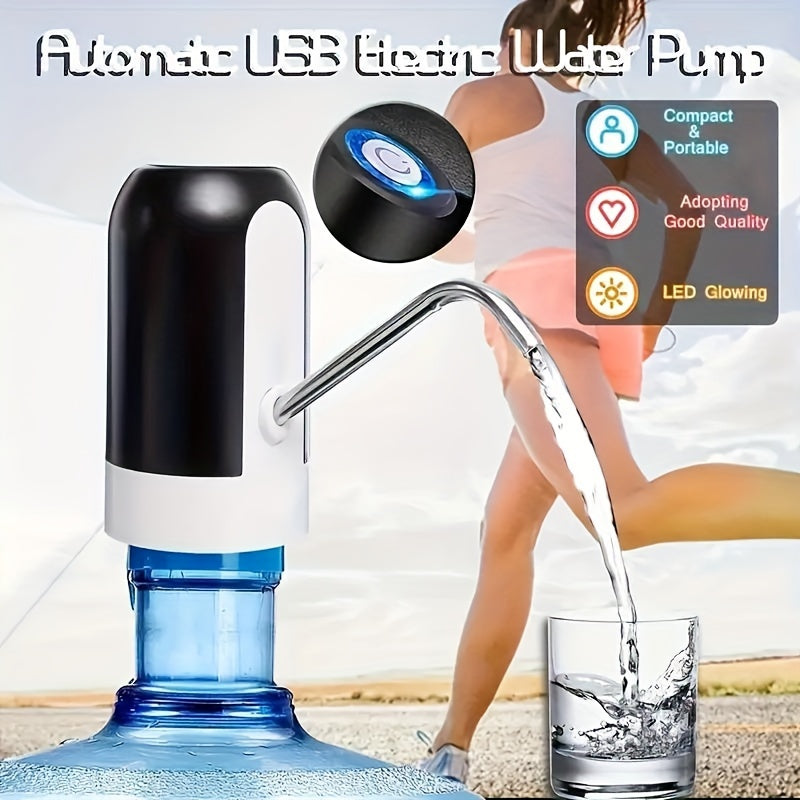 Rechargeable water pump for 11.36-18.93 L bottles, perfect for camping and home use.