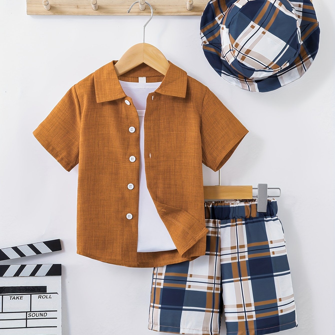 3-piece boys' summer outfit - solid color shirt, plaid shorts, and a hat. Suitable for kids aged 1-8 years.