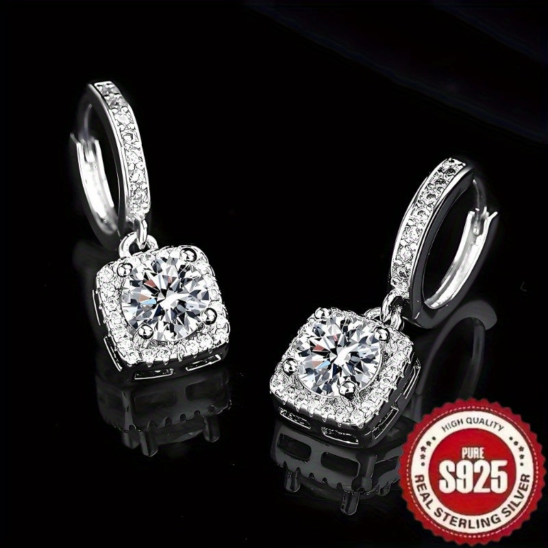 1 Pair of S925 Sterling Silver Square Pendant with Synthetic Zirconia, Retro and Elegant Design.