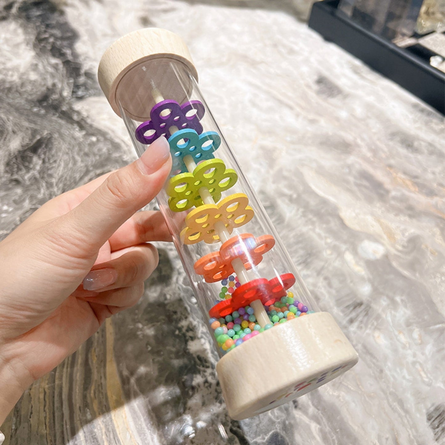 Toy Rain Simulator: Wooden Rain Sound Wind Instrument featuring Megaphone, Rainbow Hourglass Sand Bell - Perfect for Childhood Music Class Teaching Aid