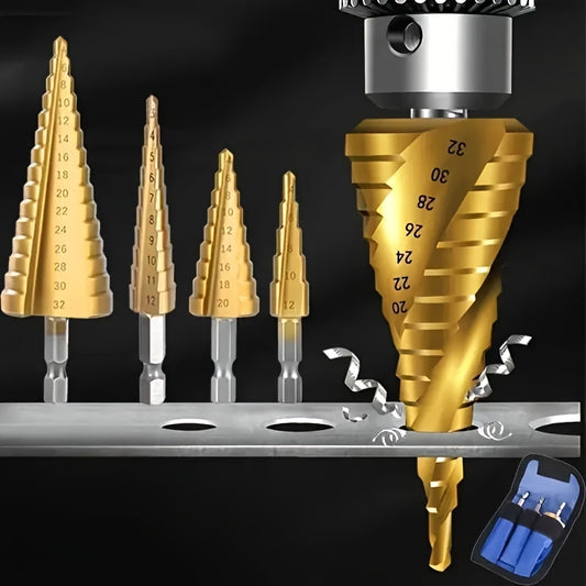 3-piece titanium-coated HSS step drill bit set for precise hole drilling in wood and metal.