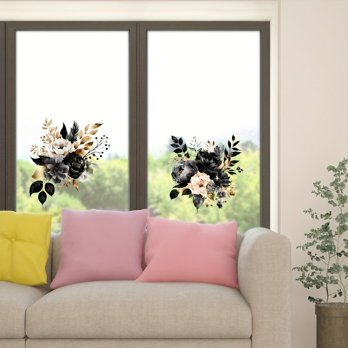 2 Elegant Floral Window Clings in Contemporary Black and Golden PVC - Decorative Glass Decals, Self-Adhesive and Removable Stickers for Displaying in Home and Office Windows, Window Decorations