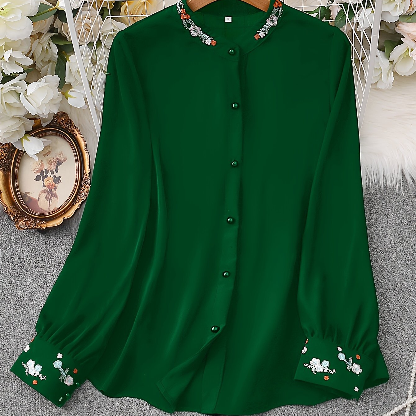 Floral Embroidered Button Front Blouse, Elegant Long Sleeve Women's Top for Spring and Fall