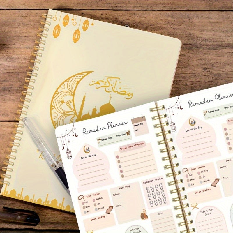 Ramadan planner notebook with crescent design, to-do list, and priorities, available in various sizes and quantities.